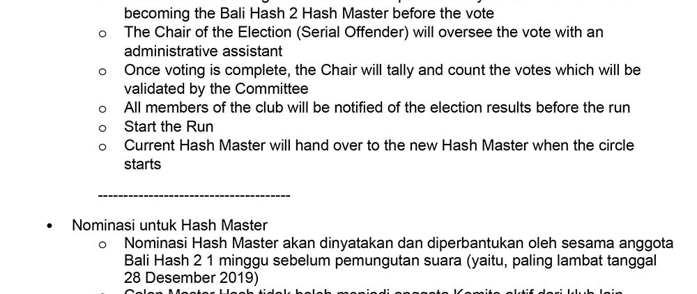 Bali Hash House Harriers 2 AGM 2020 Election Rules