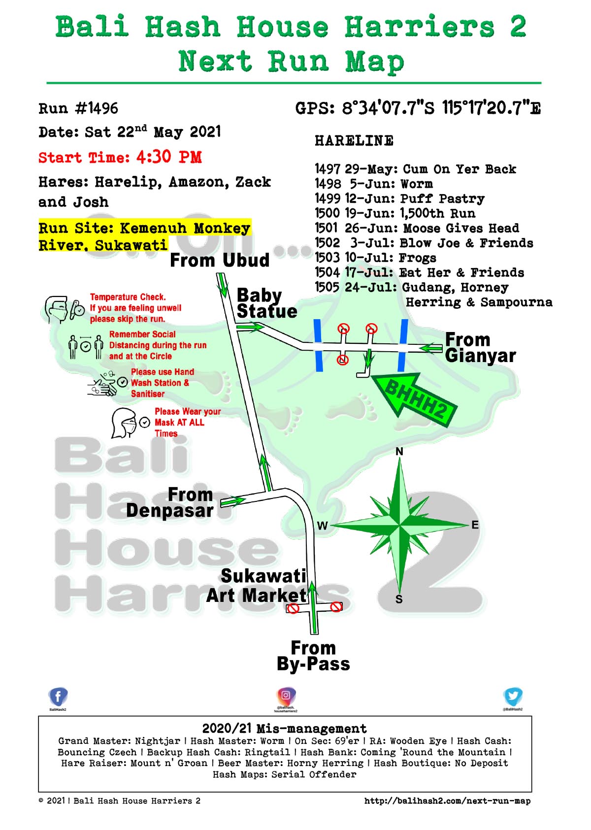 Bali Hash 2 Next Run Map #1496 Kemenuh Monkey River Sukawati 22-May-21