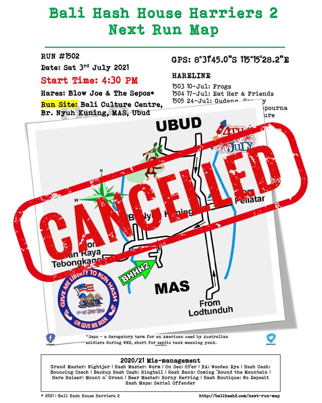 Bali Hash 2 Next Run Map #1502 CANCELLED 03-July-21