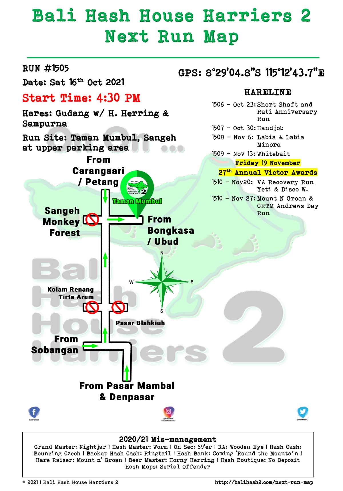 Bali Hash 2 Next Run Map #1505 Taman Mumbul Sangeh Saturday 16-Oct-2021