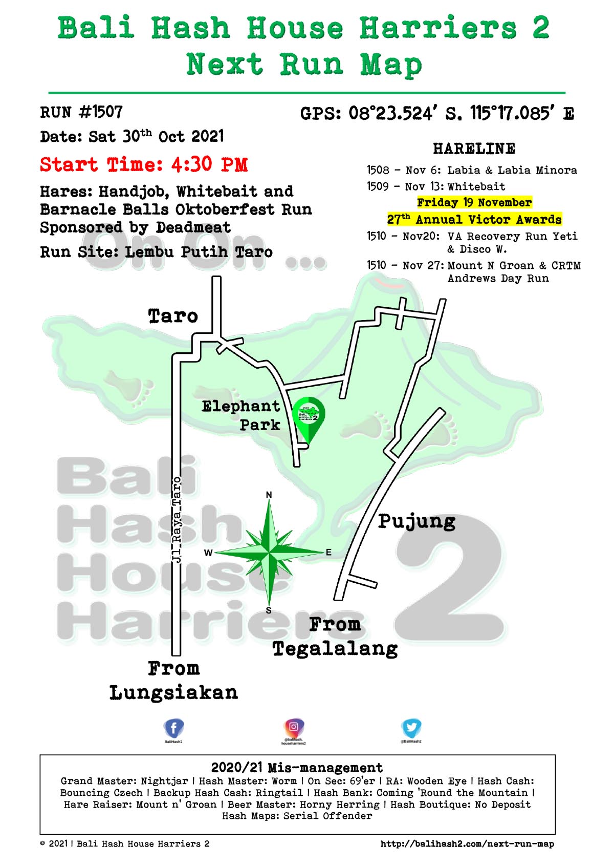 Bali Hash 2 Next Run Map #1507 Lembu Putih Taro Saturday 30-Oct-2021